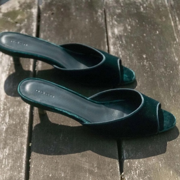 Doen Callie Velvet Peep Toe Mule Kitten Heels Shoes Evergreen Green - Picture 3 of 12